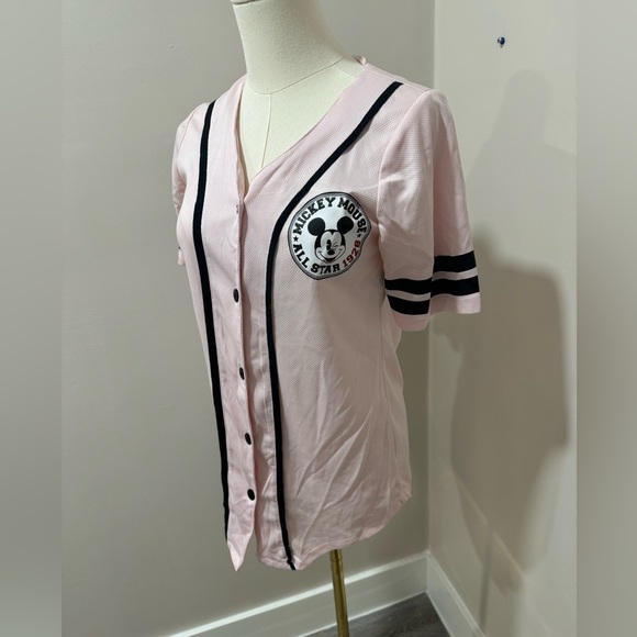 Disney Tops - Disney Mickey Mouse Jersey Womens Small Button Black Trim Stripe Sleeve